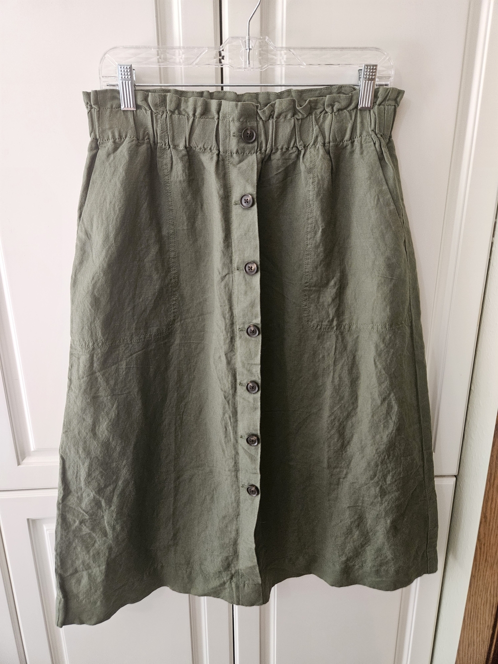 Madewell Linen Blend Olive Green Button Down Midi Skirt Cottagecore Prairie Chic